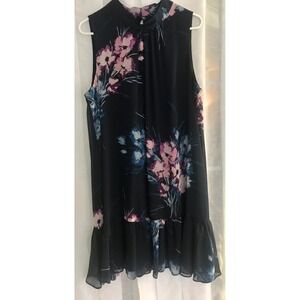 DKNY Navy Blue Floral Mock Neck Sleeveless Ruffle Hem Shift Dress